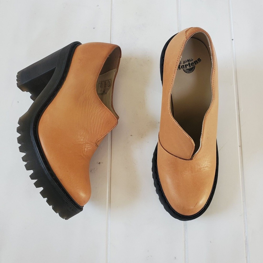 Dr Martens Air Wair Cordelia Chunky Slip on Platform Tan Leather Heel Shoes 7US